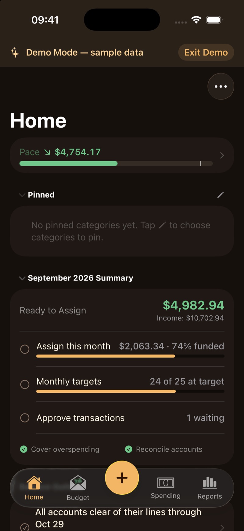 Home in the sample budget, with Monthly targets showing 24 of 25 at target.