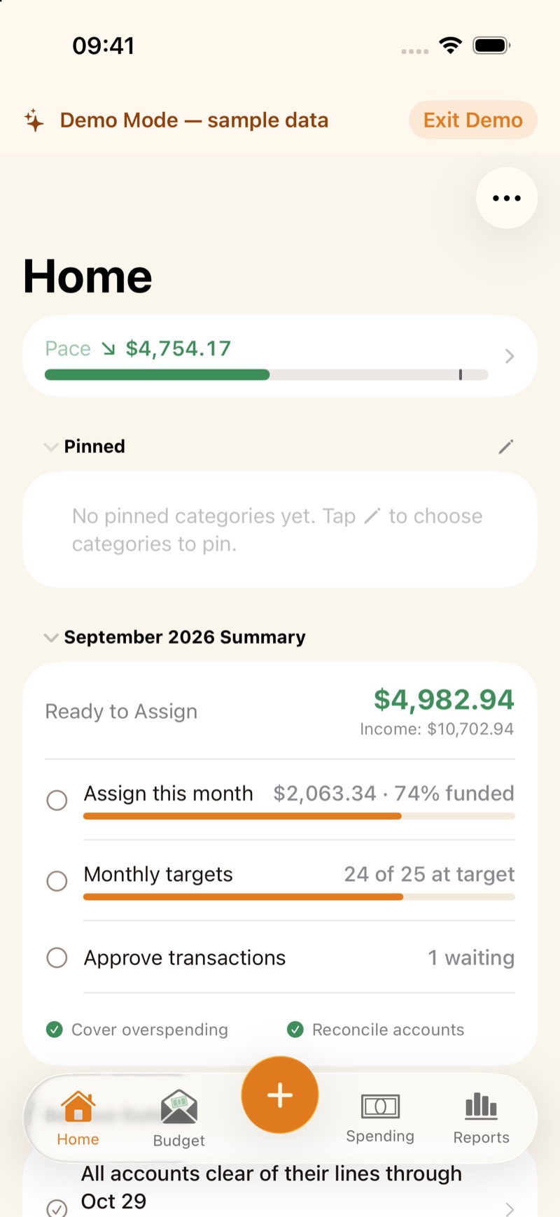 Home in the sample budget, with Monthly targets showing 24 of 25 at target.
