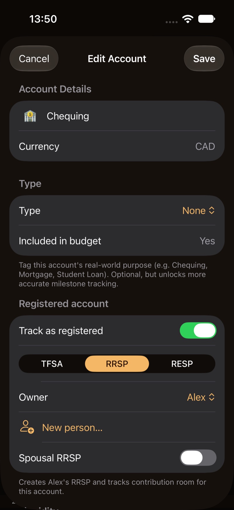 The account editor, with Track as registered on and RRSP selected.