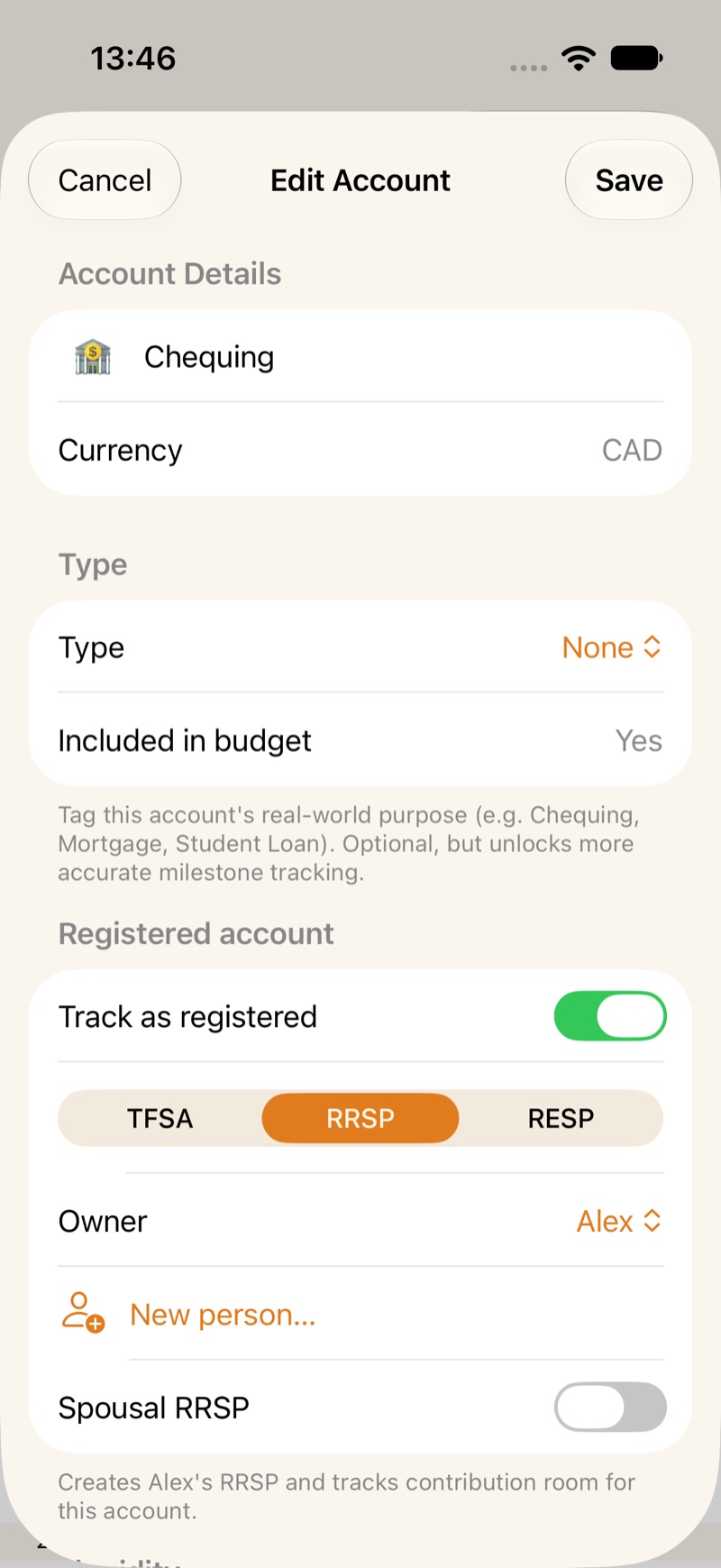 The account editor, with Track as registered on and RRSP selected.