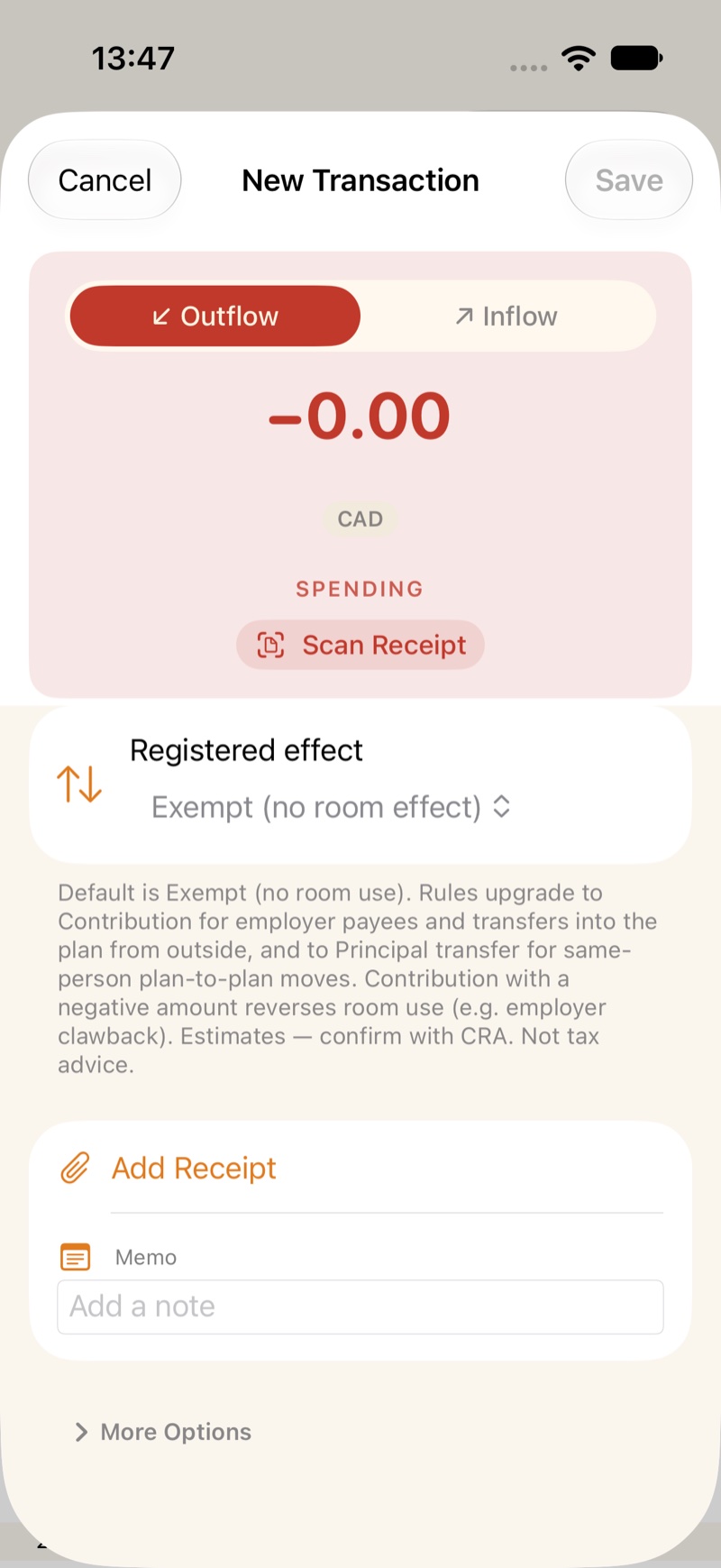 A new transaction, with Registered effect set to Exempt.