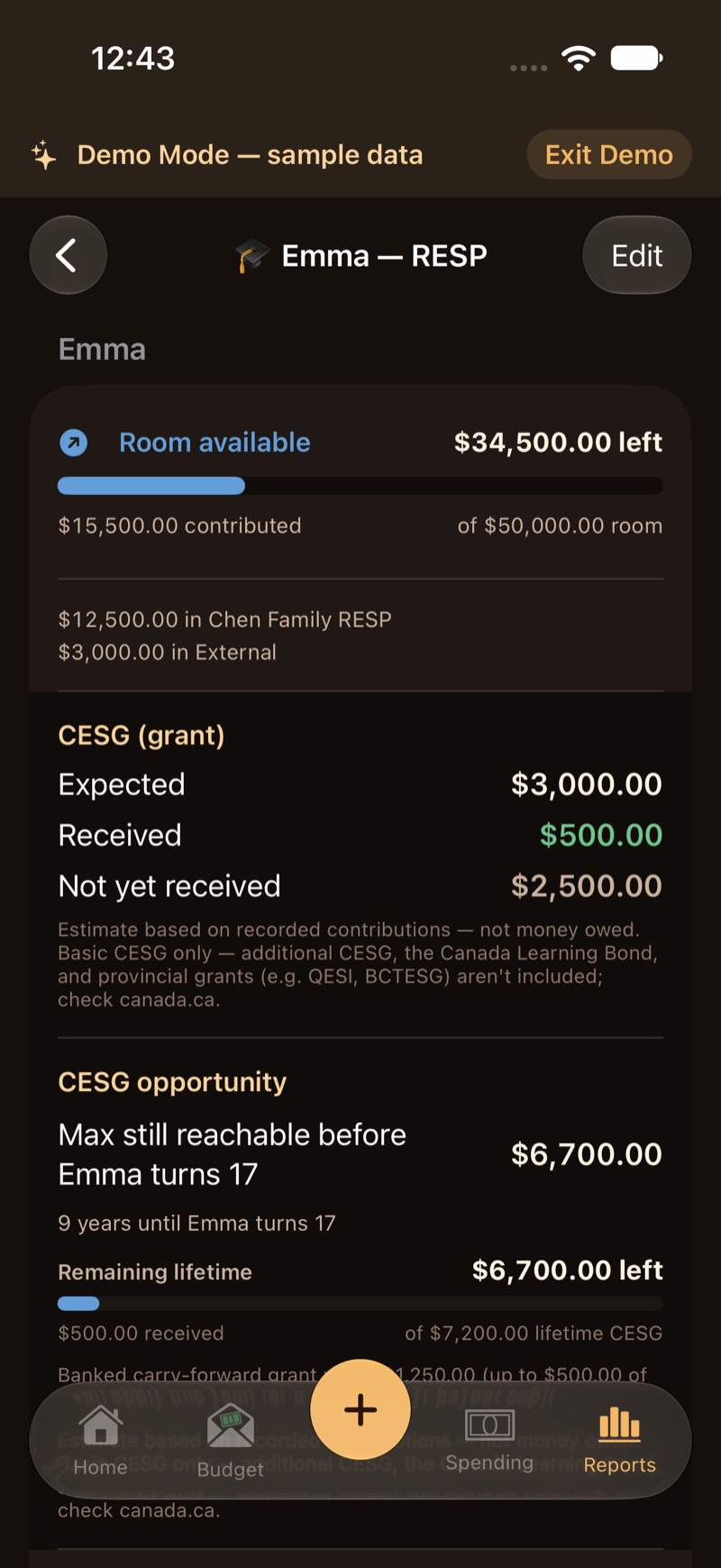 An RESP plan, with CESG listed as Expected, Received, and Not yet received.