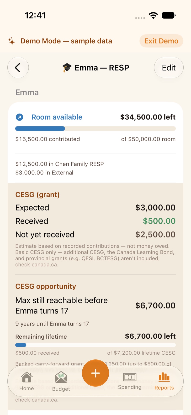 An RESP plan, with CESG listed as Expected, Received, and Not yet received.