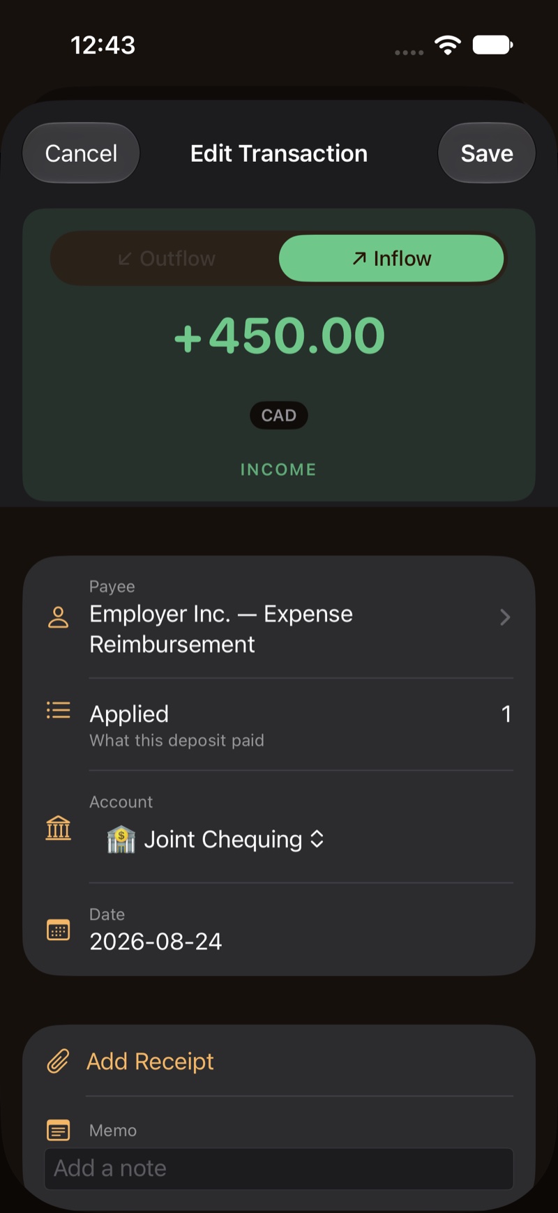 The deposit editor, with What this deposit paid.