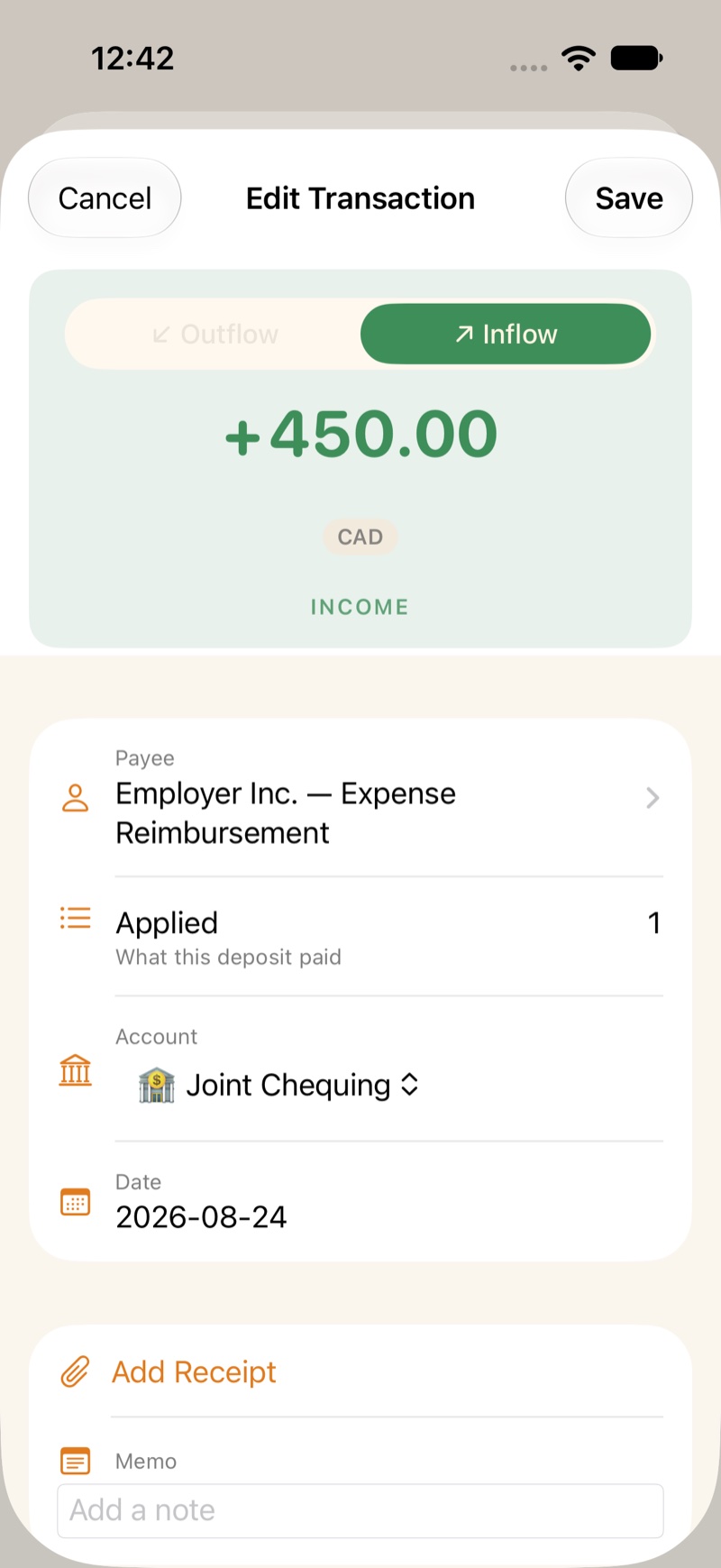 The deposit editor, with What this deposit paid.