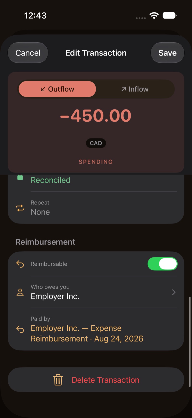 The purchase editor, with Reimbursable on and Who owes you filled in.