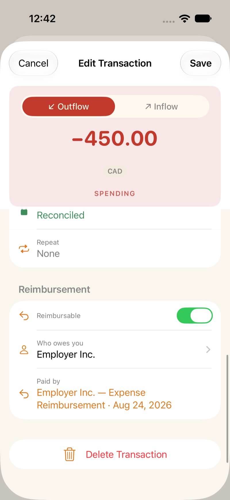 The purchase editor, with Reimbursable on and Who owes you filled in.