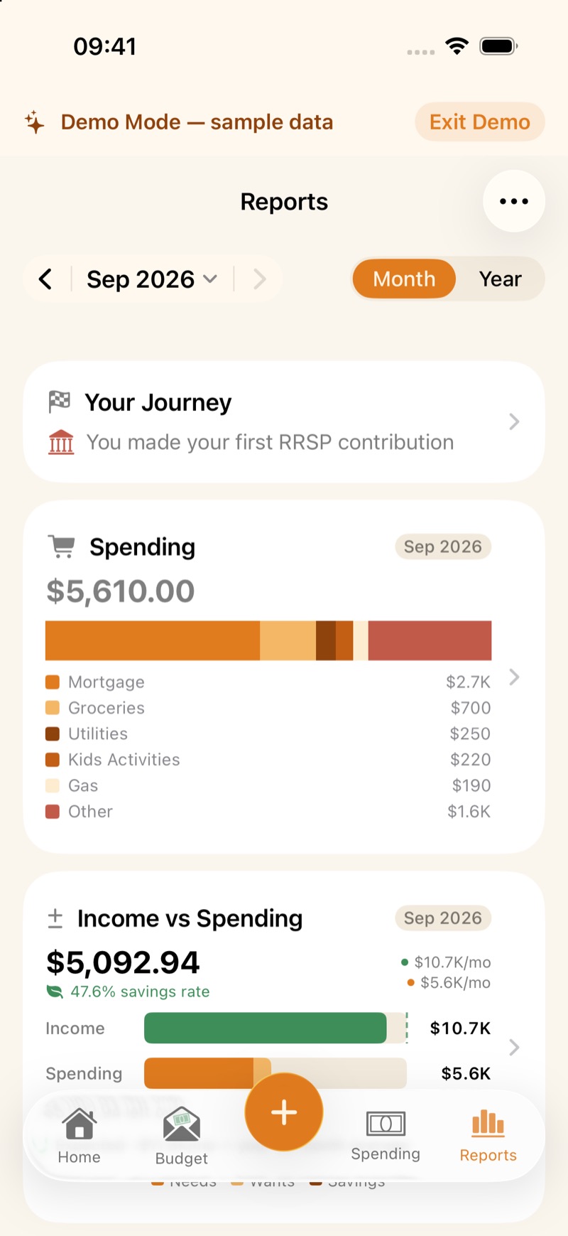 Reports in the sample budget: spending by category, and income versus spending.