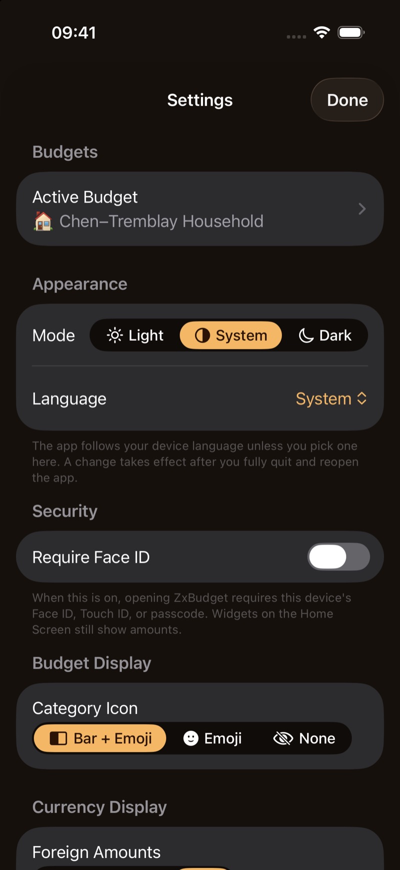 Settings, with the active budget, appearance, and Require Face ID switched off.