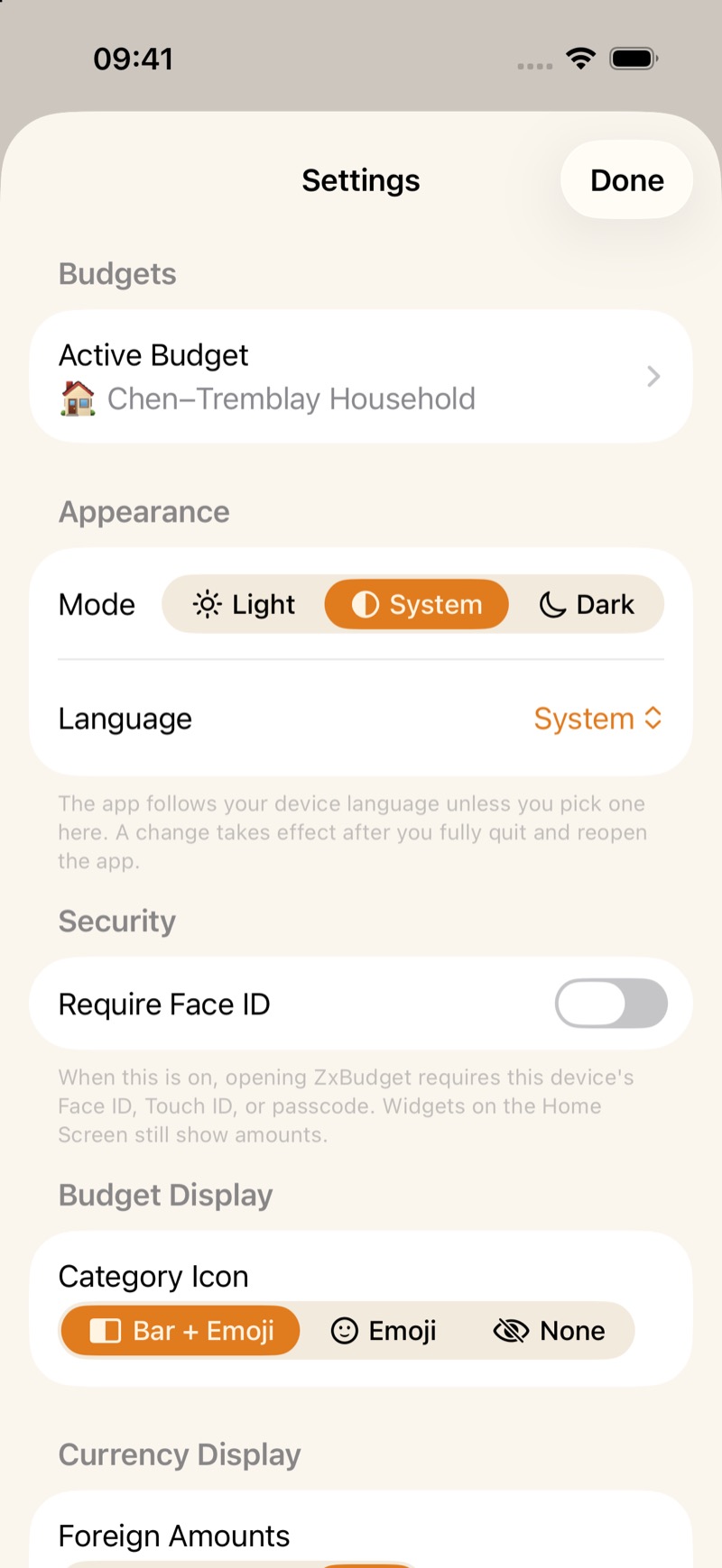 Settings, with the active budget, appearance, and Require Face ID switched off.