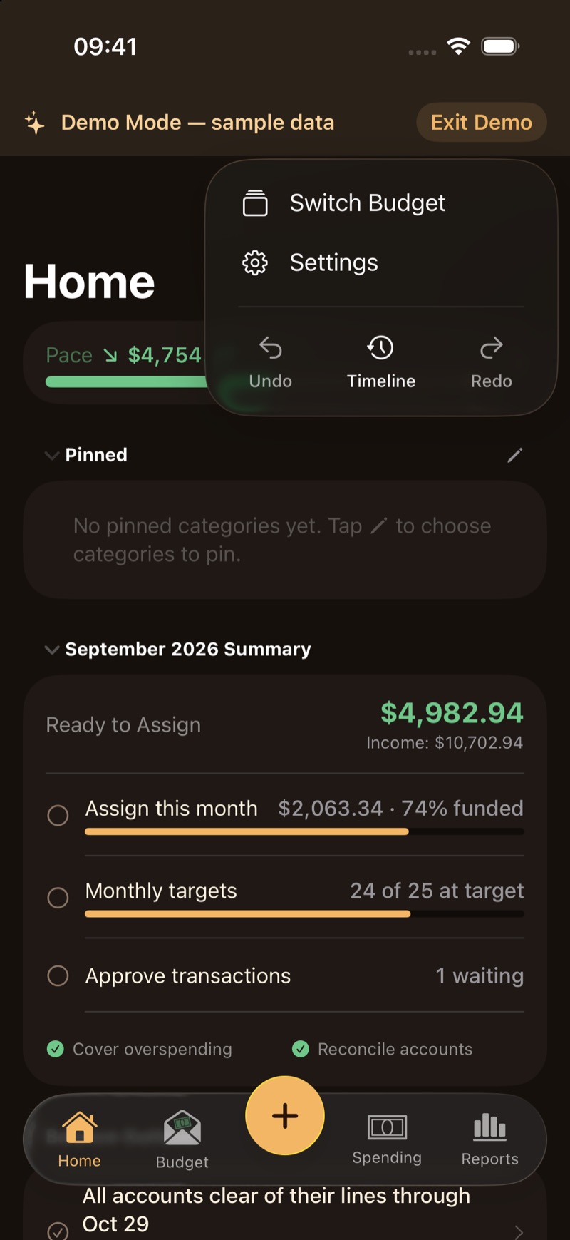 The more menu, with Switch Budget and Settings.