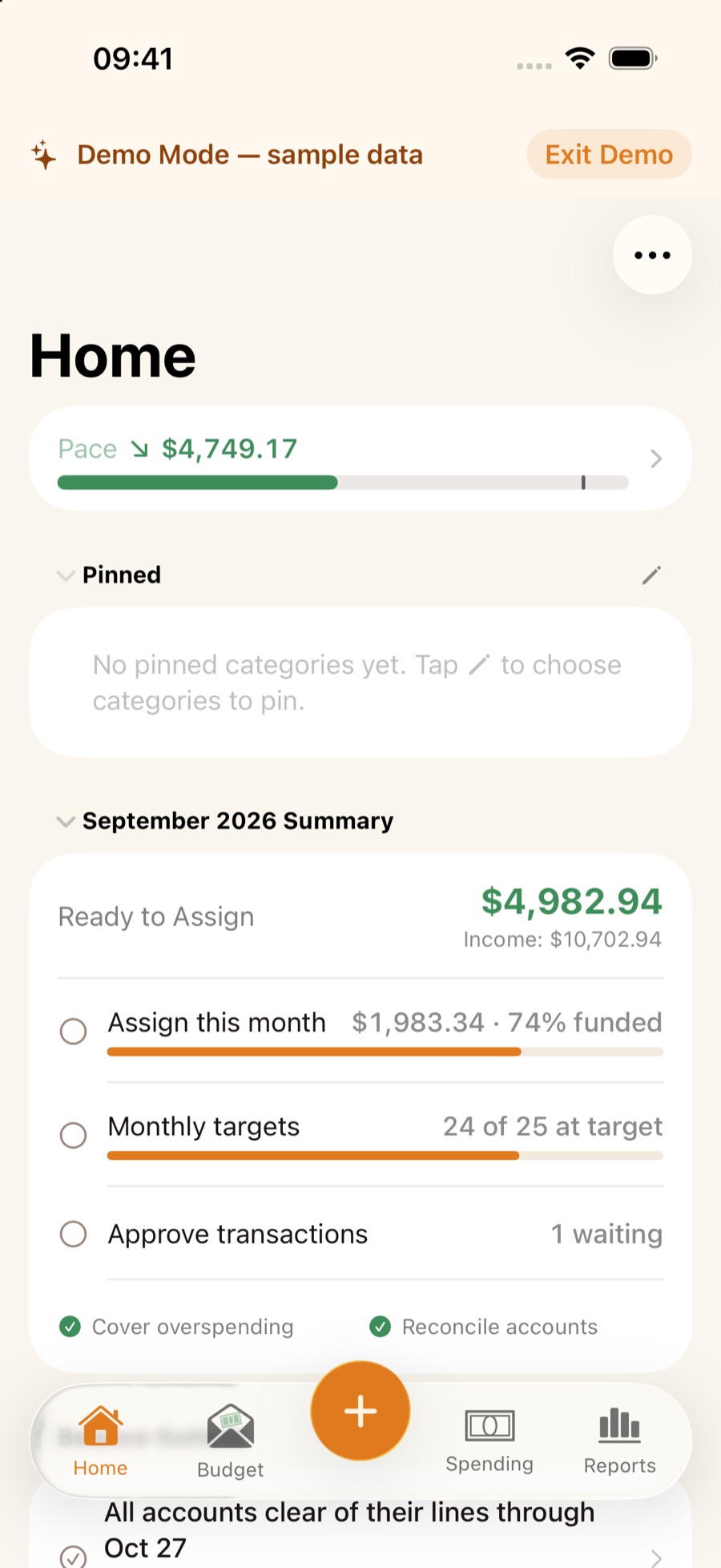 The ZxBudget Home screen, using sample data: spending pace, Ready to Assign, and this month’s checklist.
