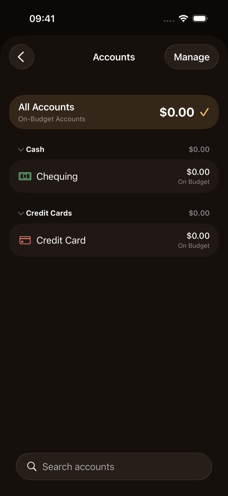 The Accounts list, with Chequing and Credit Card both at zero.