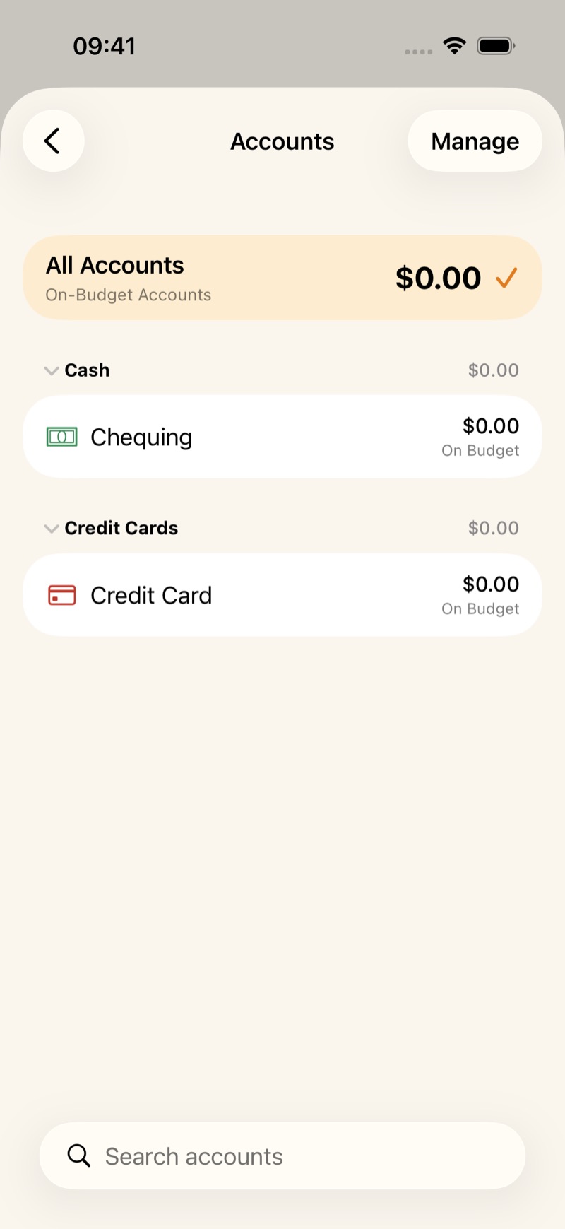 The Accounts list, with Chequing and Credit Card both at zero.