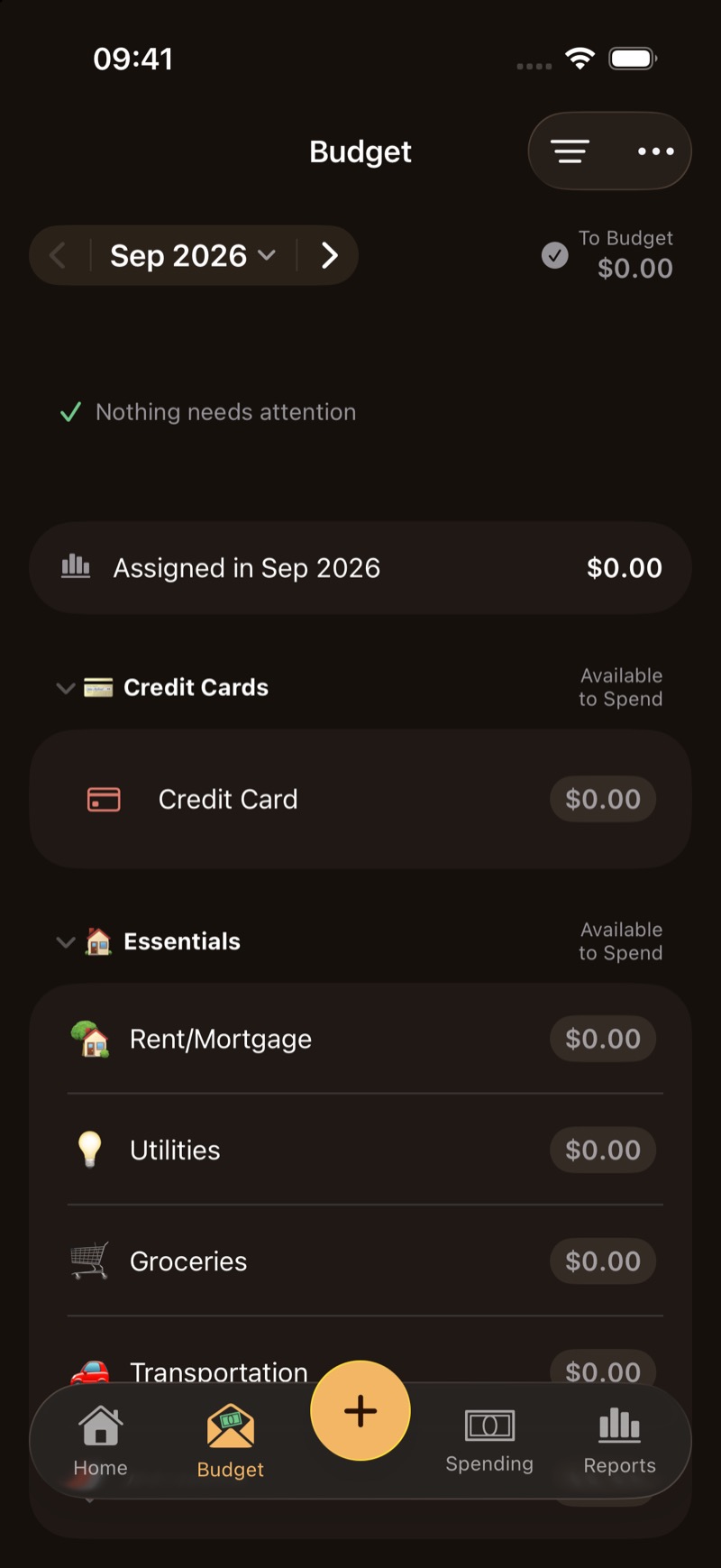 The Budget tab, with To Budget at zero and categories such as Groceries under Essentials.