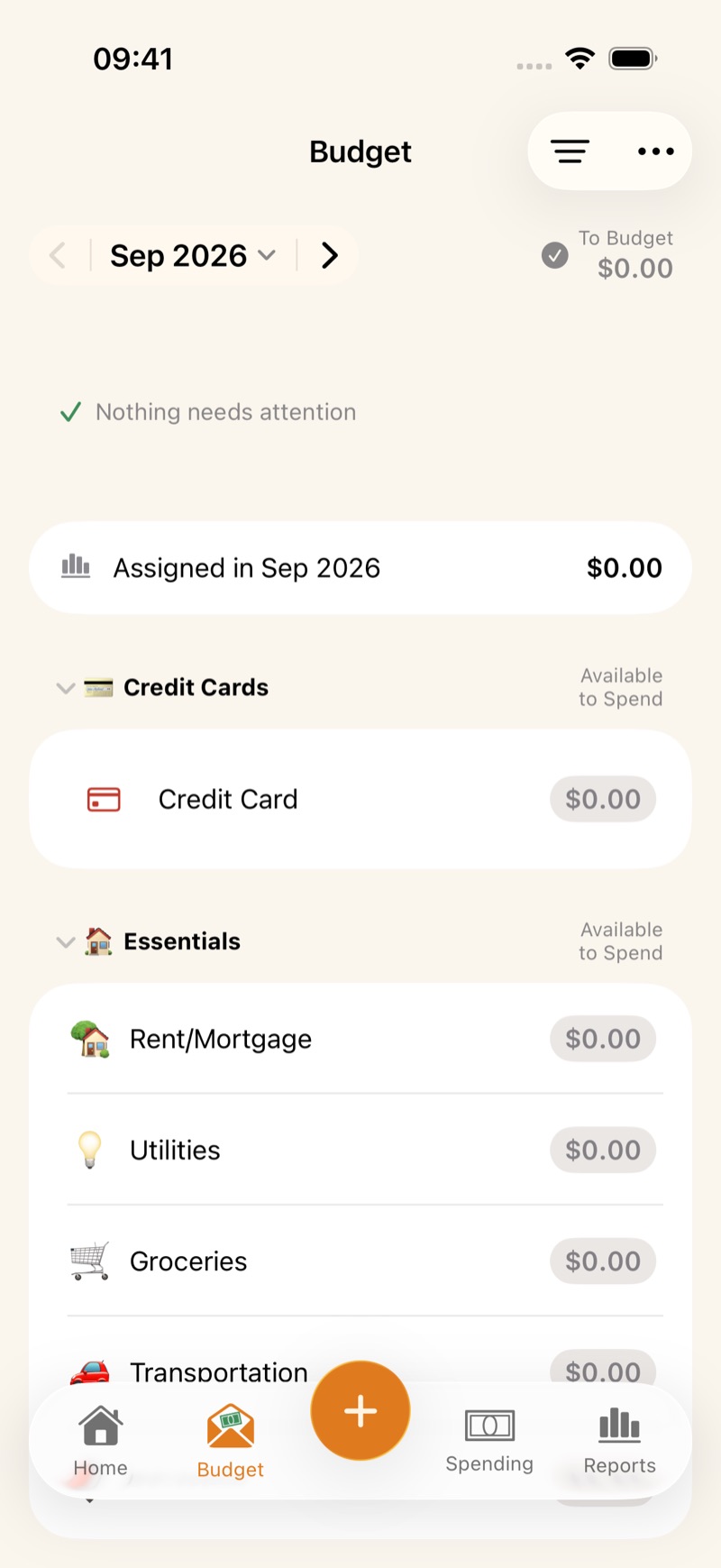 The Budget tab, with To Budget at zero and categories such as Groceries under Essentials.