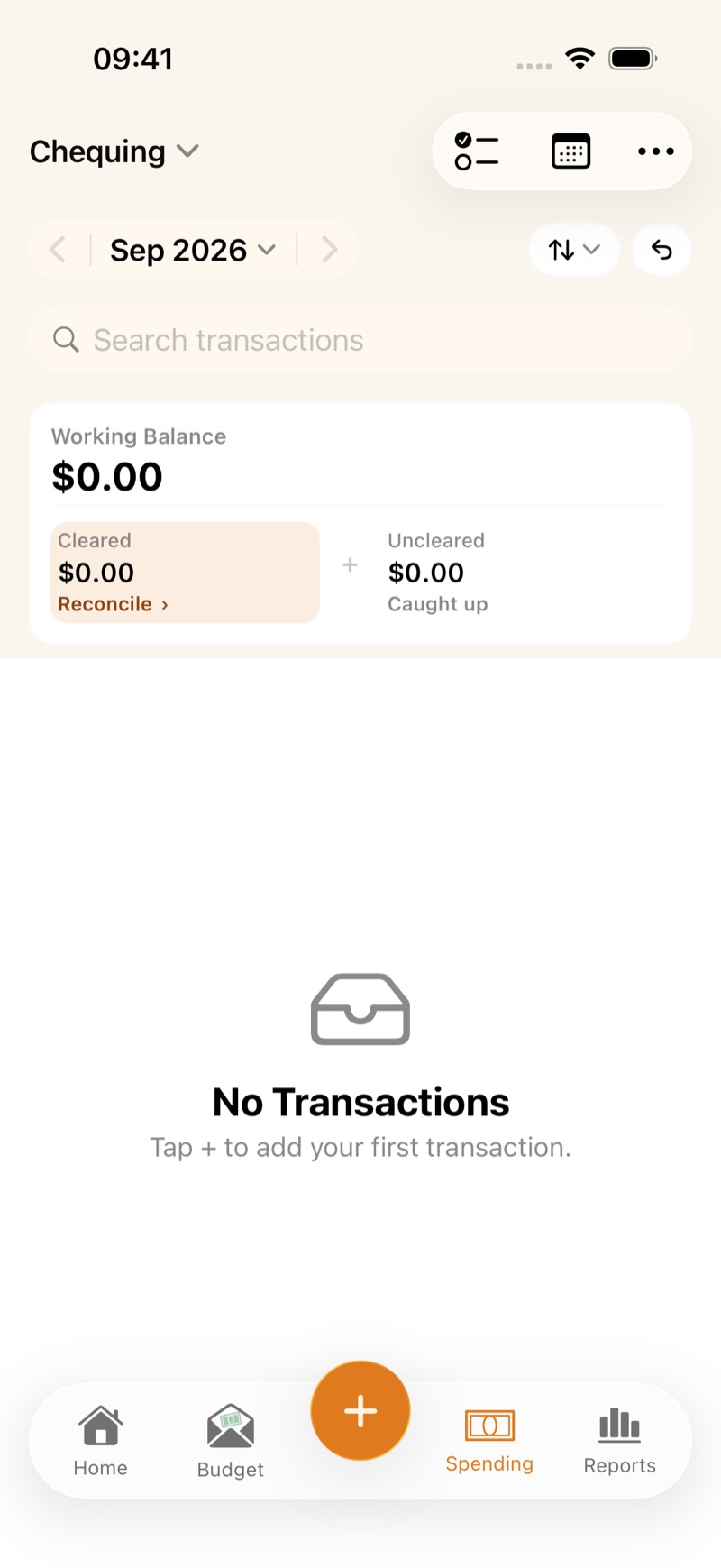 The Chequing account, starting at a working balance of zero.