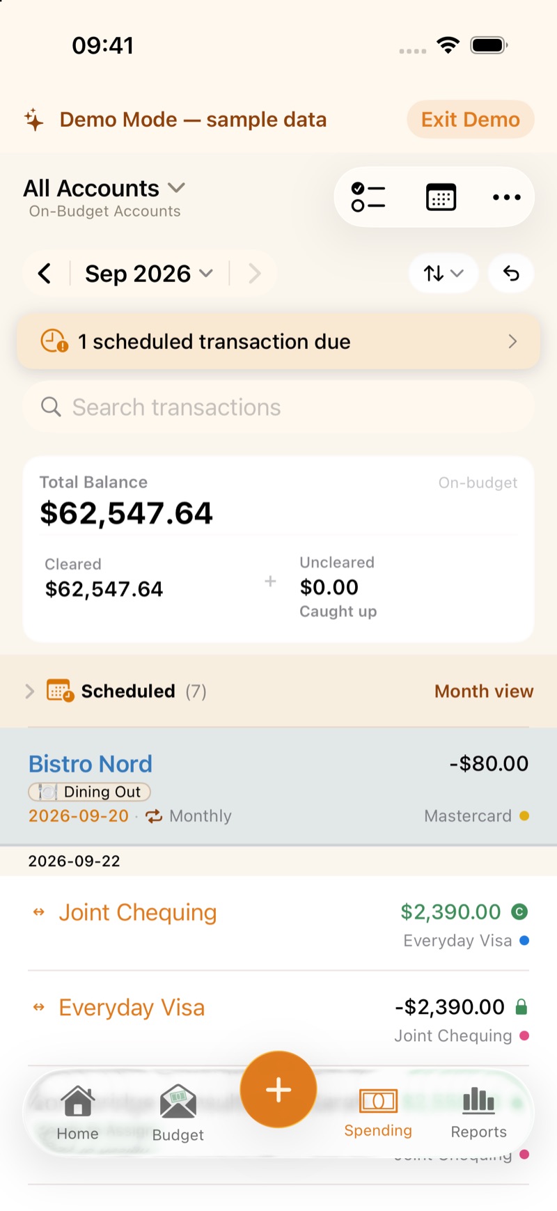 The register in sample data. A filled C means cleared. A lock means that transaction is already reconciled.