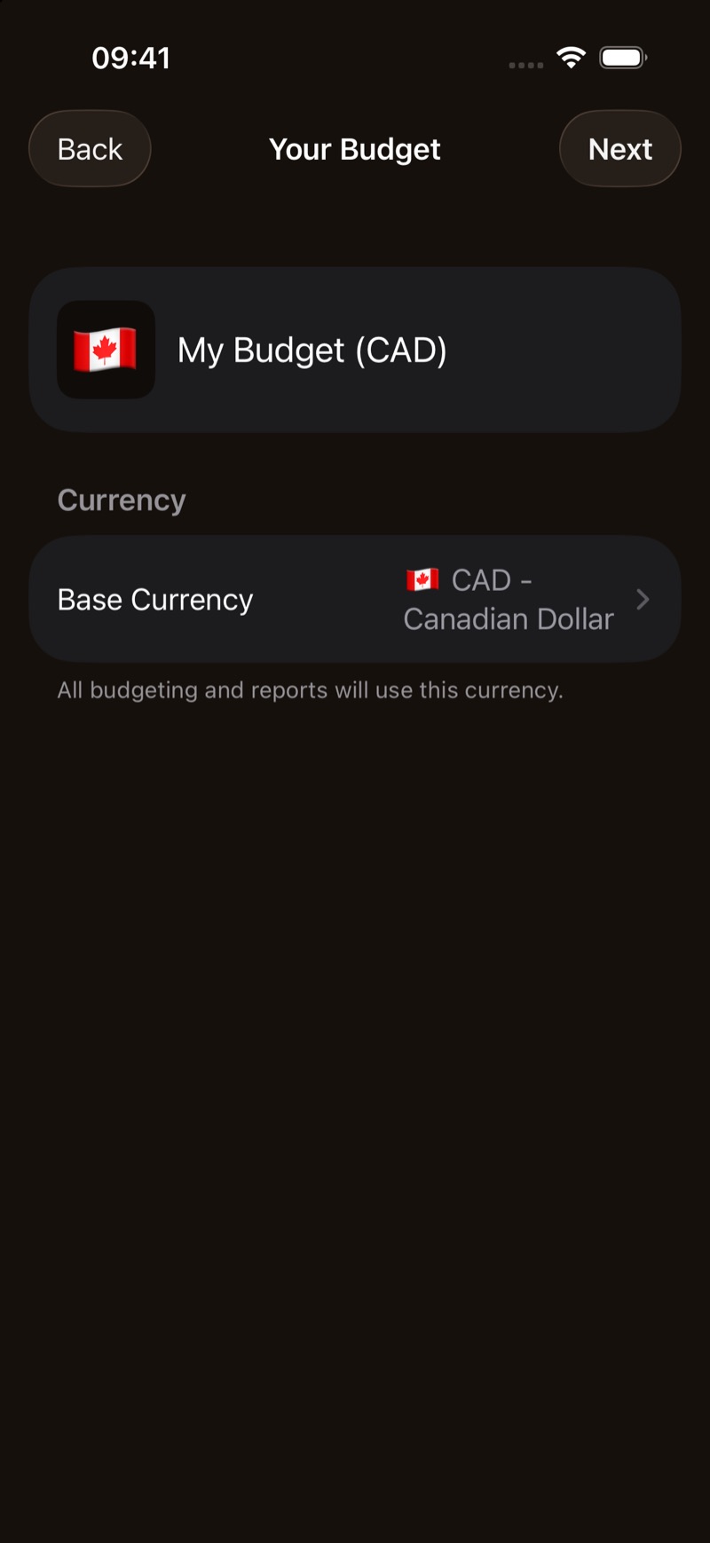 Your Budget, with the name and base currency set to Canadian dollars.
