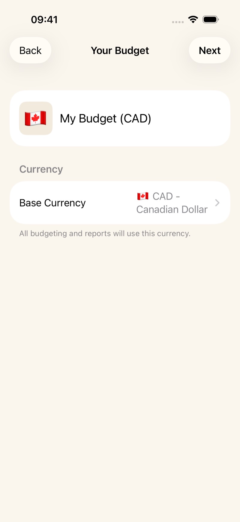 Your Budget, with the name and base currency set to Canadian dollars.