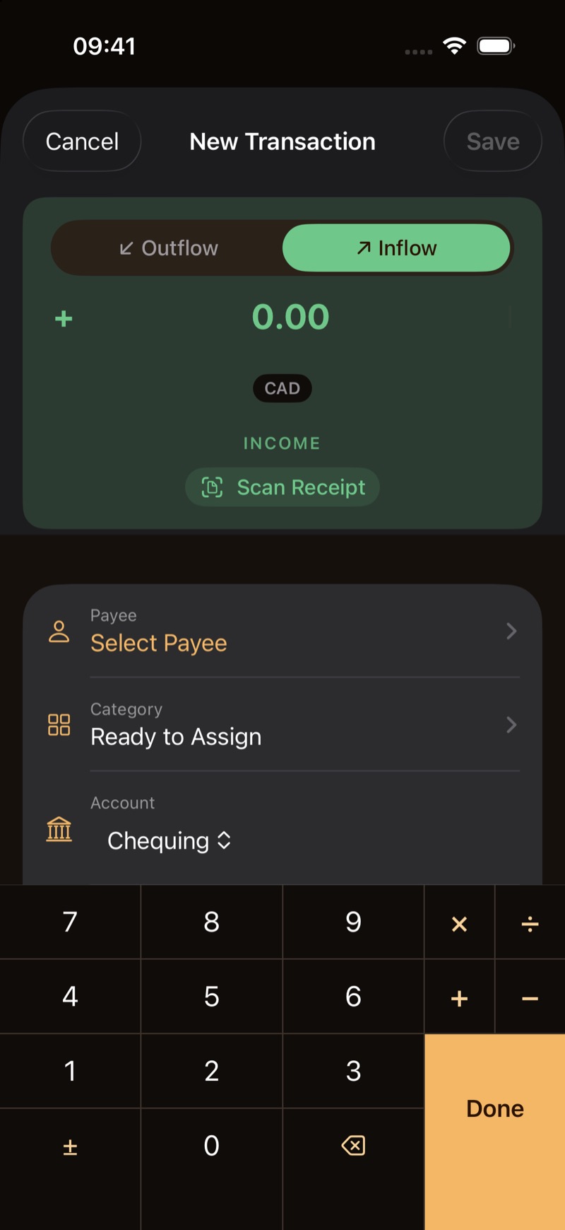 A new transaction set to Inflow, category Ready to Assign, account Chequing.
