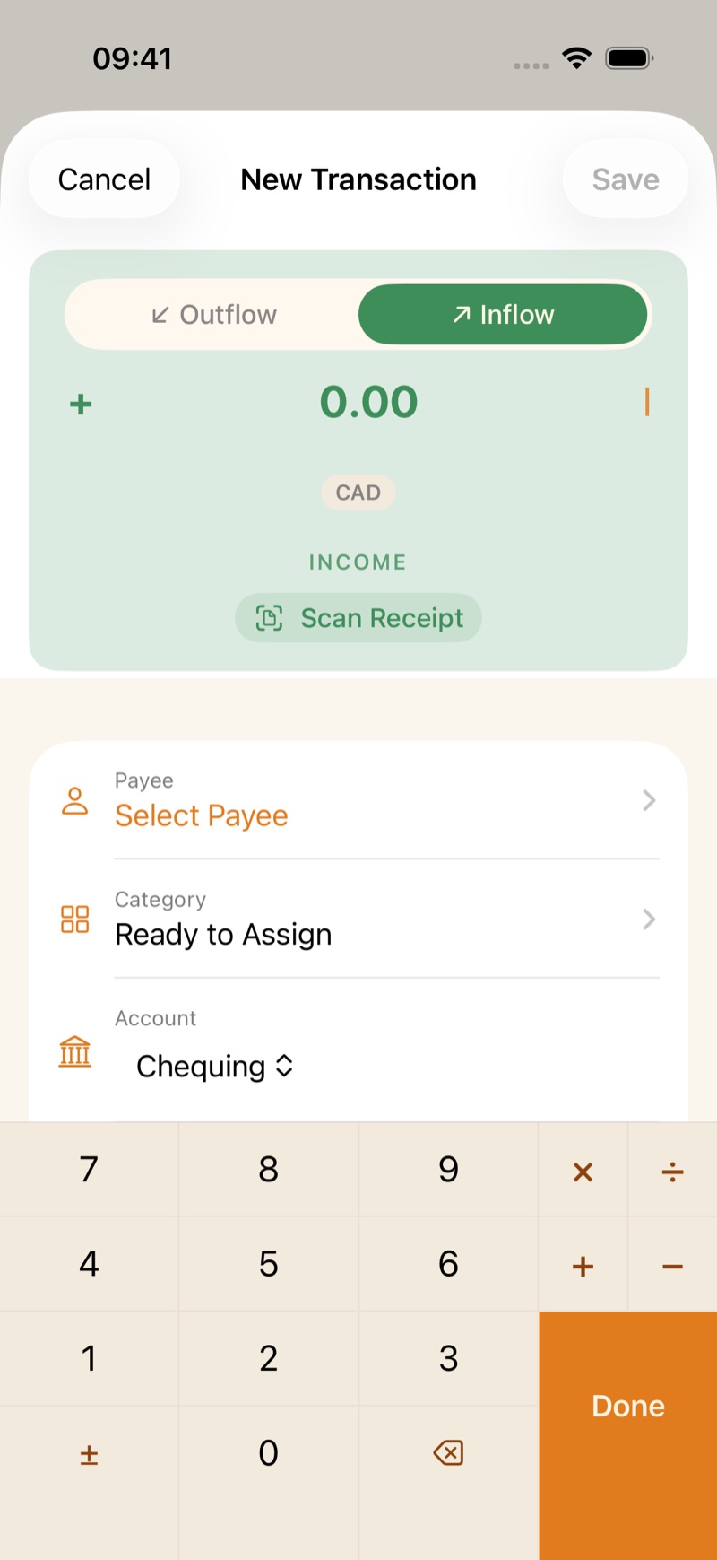 A new transaction set to Inflow, category Ready to Assign, account Chequing.