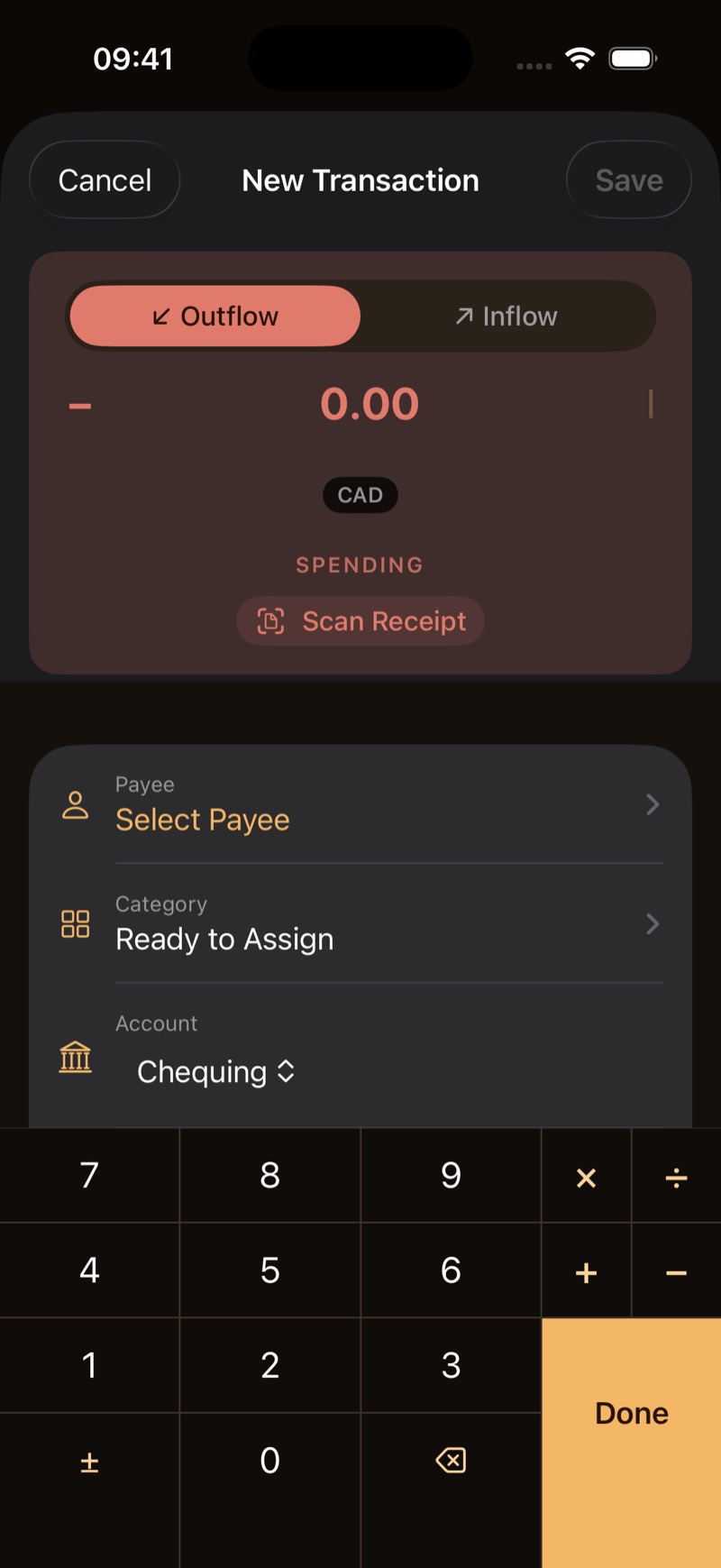 A new transaction set to Outflow. Choose a category before saving.