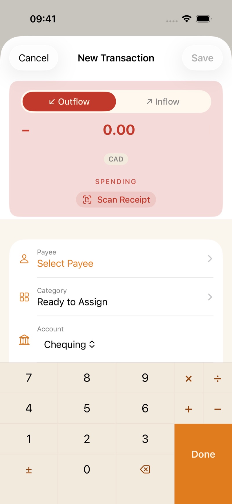 A new transaction set to Outflow. Choose a category before saving.