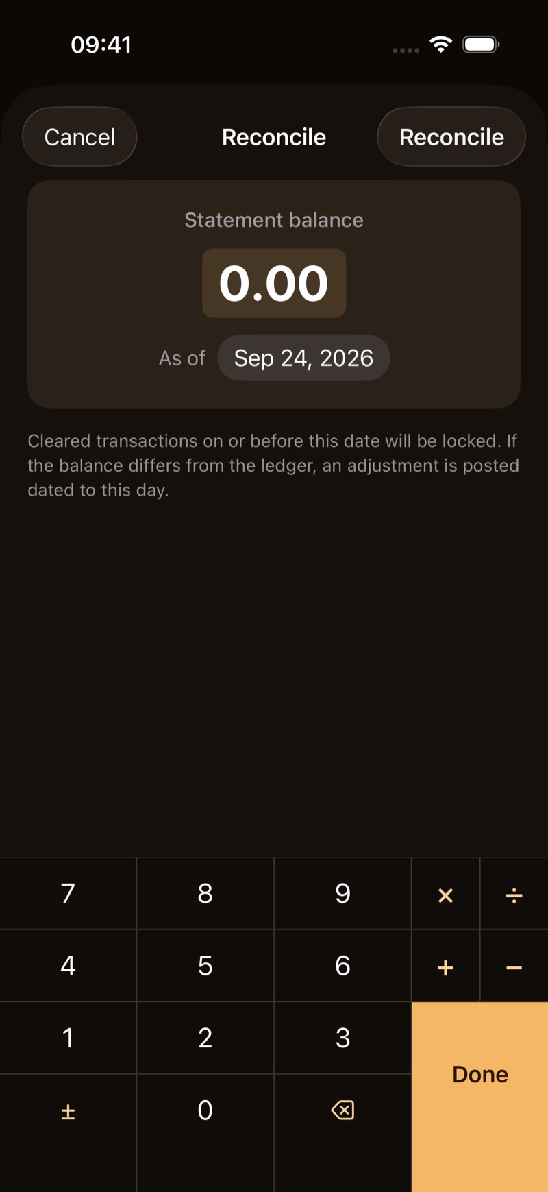 The Reconcile sheet: statement balance, the as-of date, and the Reconcile button.