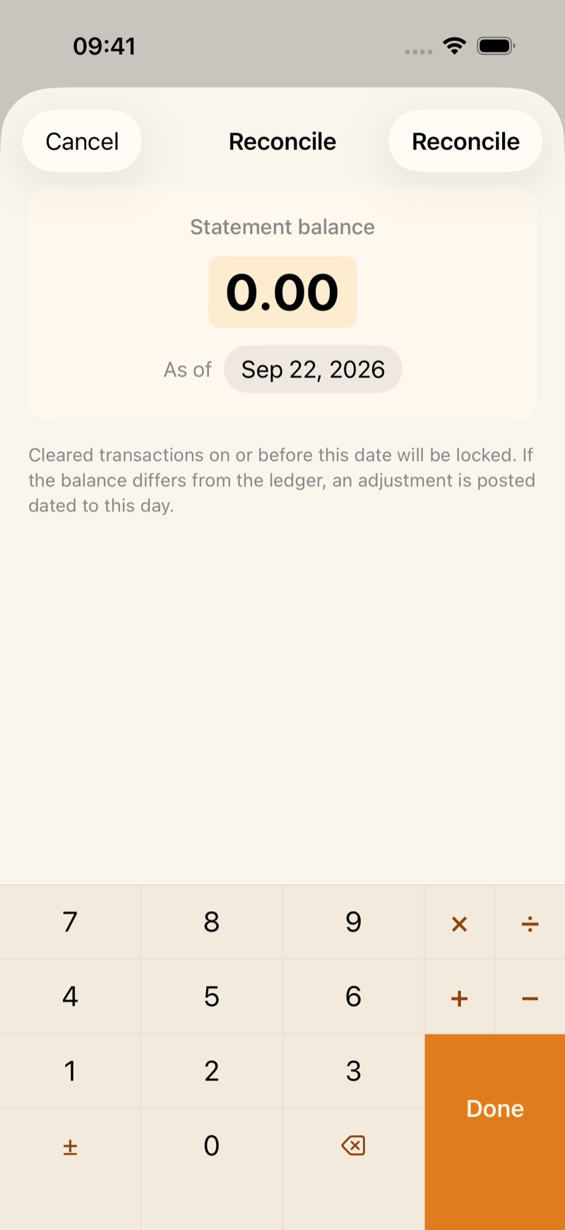 The Reconcile sheet: statement balance, the as-of date, and the Reconcile button.