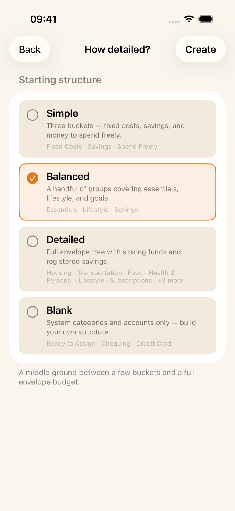 How detailed, with Simple, Balanced, Detailed, and Blank. Balanced is selected.
