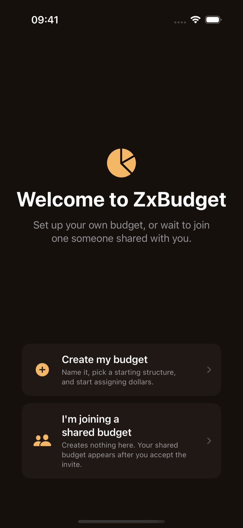 Welcome to ZxBudget, with Create my budget and I'm joining a shared budget.