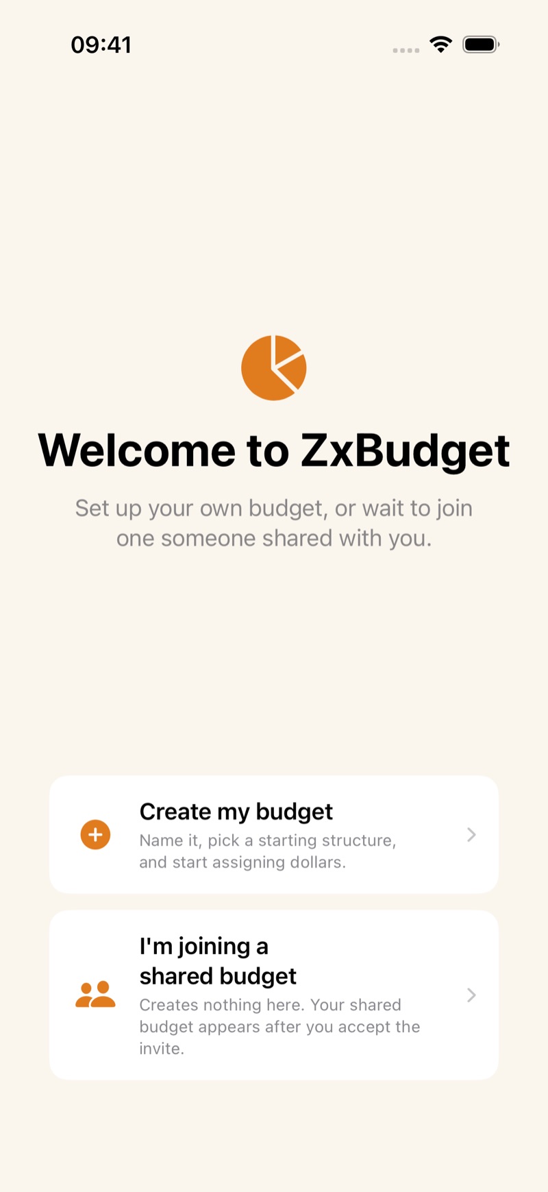 Welcome to ZxBudget, with Create my budget and I'm joining a shared budget.